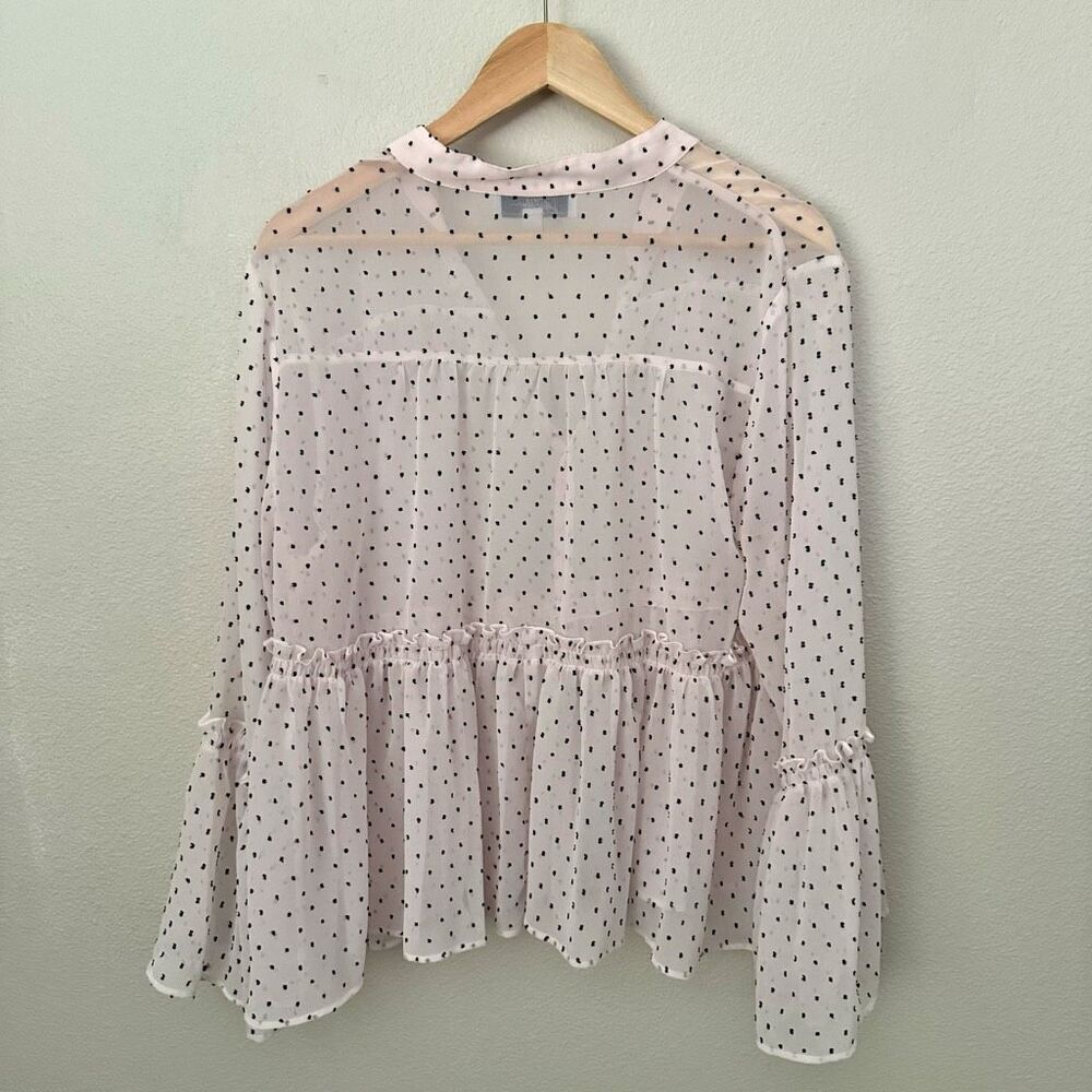 LIBBY EDELMAN | Sheer Ruffle Sleeve Blouse Polka Dot Blush Pink Black | Size XL - Picture 6 of 6